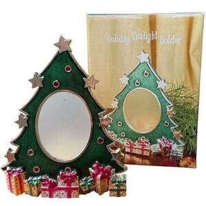 Holiday Christmas Tree Tealight Holder Green Metal Enamel Gift Decor